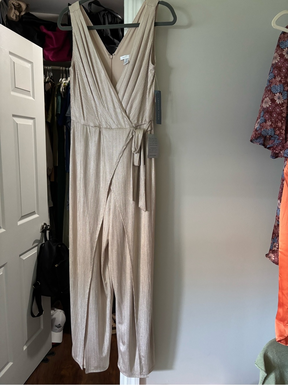 London Times Champagne Metallic Wrap Jumpsuit